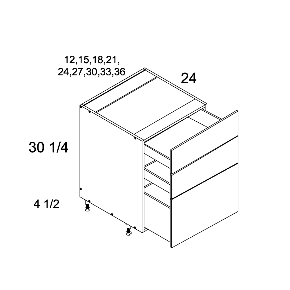 Cabinet diagram — Three Drawer Base Cabinet – 3DB15