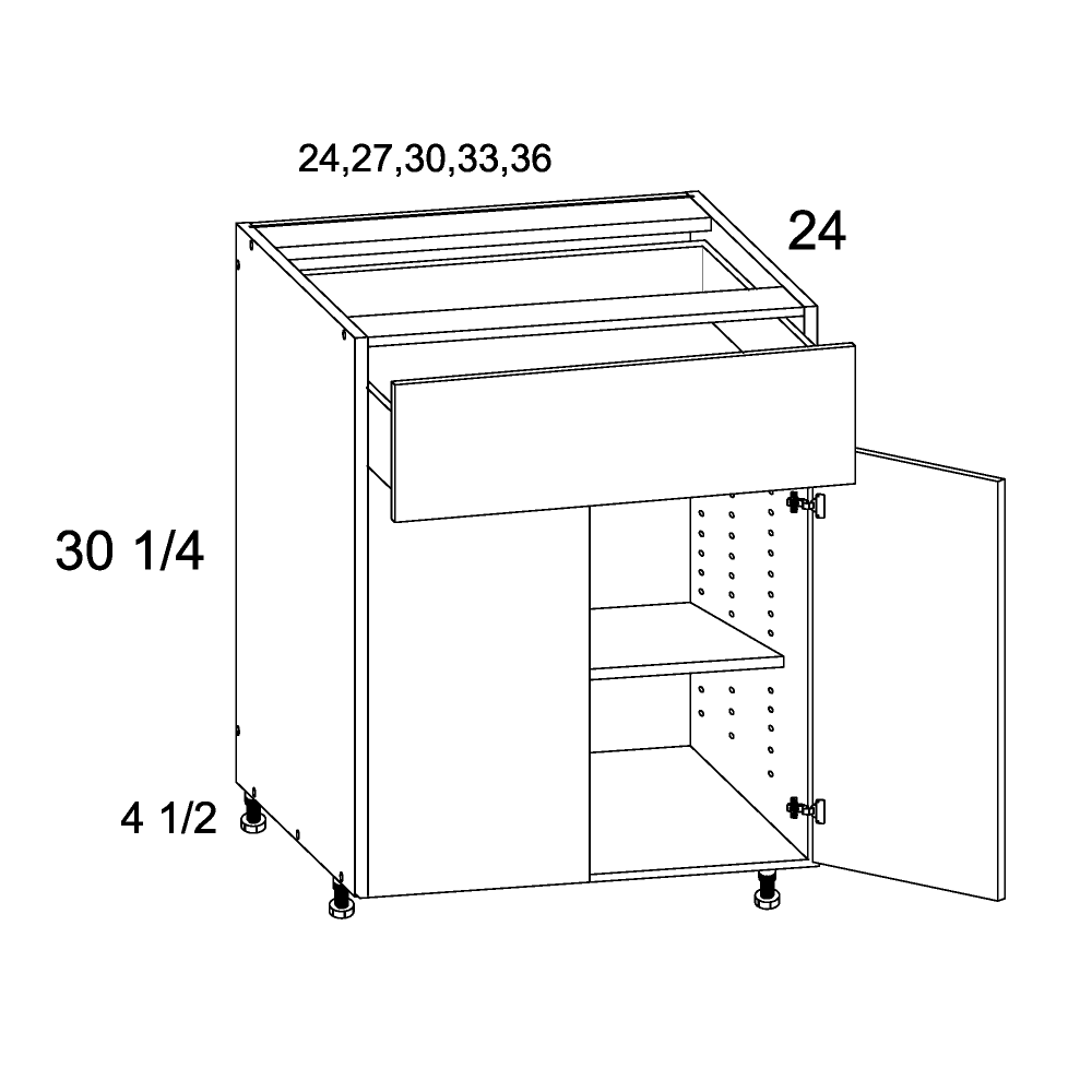 Cabinet diagram — Single Door Single Drawer Base Cabinet – B24
