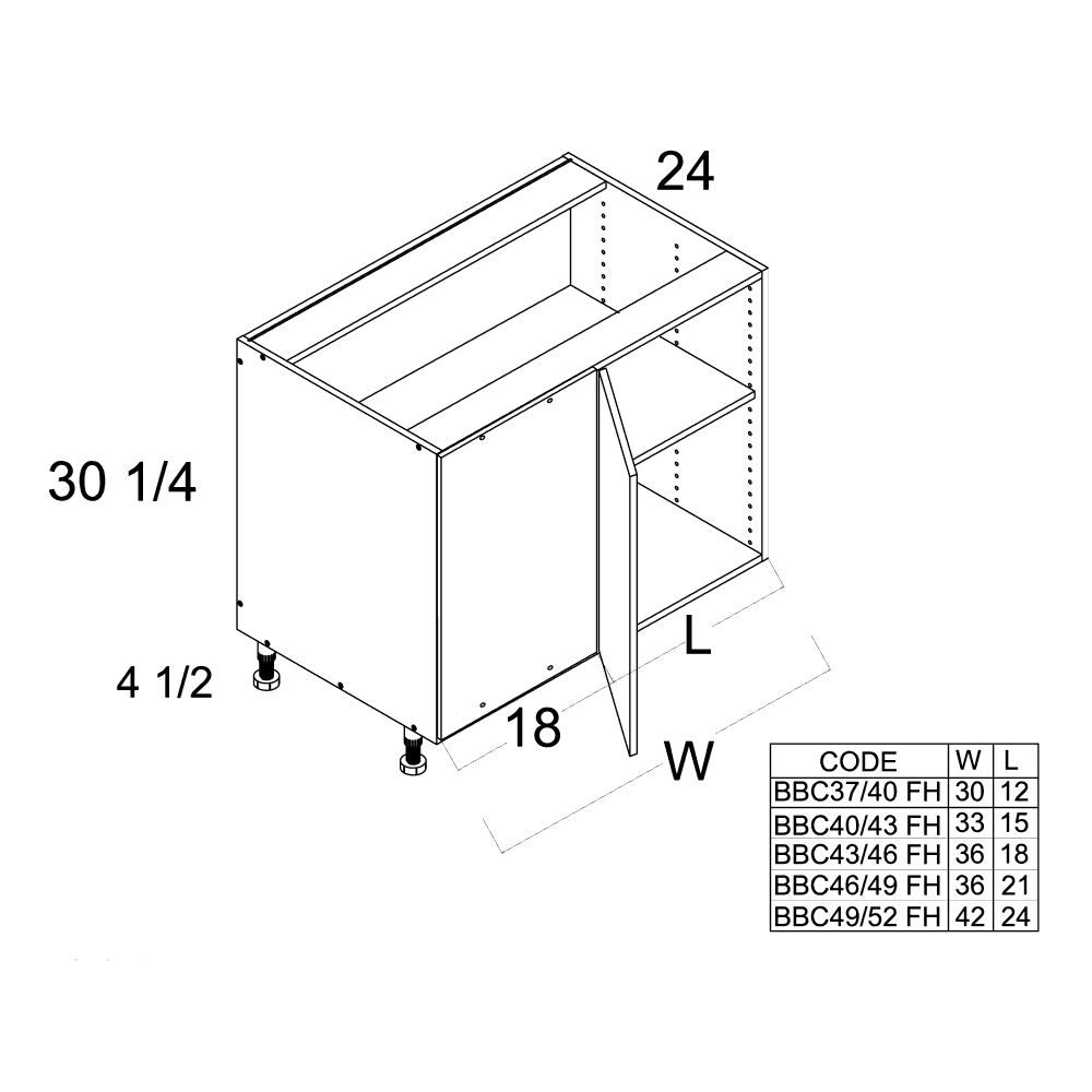 Cabinet diagram — Single Door Blind Base Cabinet – BBC37/40FH