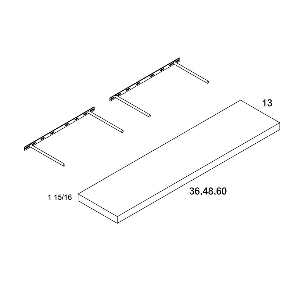 Cabinet component diagram — Floating Shelf - 60"W x 1-15/16"H x 13"D (one mounting bracket included) 25 lbs max weight