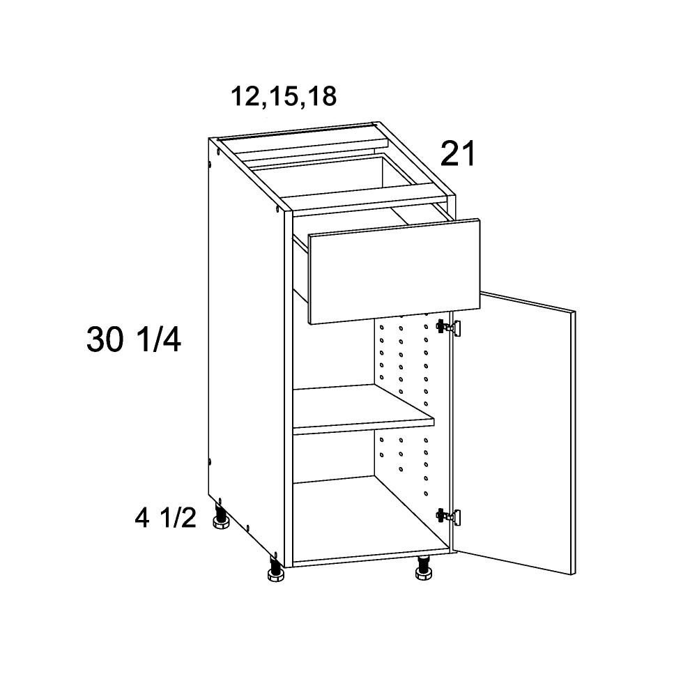 Palermo Gloss White vanity cabinet diagram, 12"W x 34-1/2"H x 21"D -1D-1DR