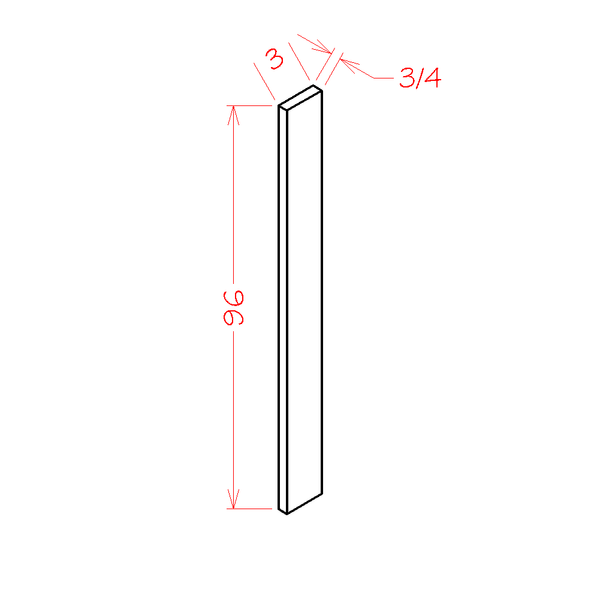 Haven Dune 3"W Tall Filler - 3"W x 96"H x 3/4"D — cabinet dimension diagram