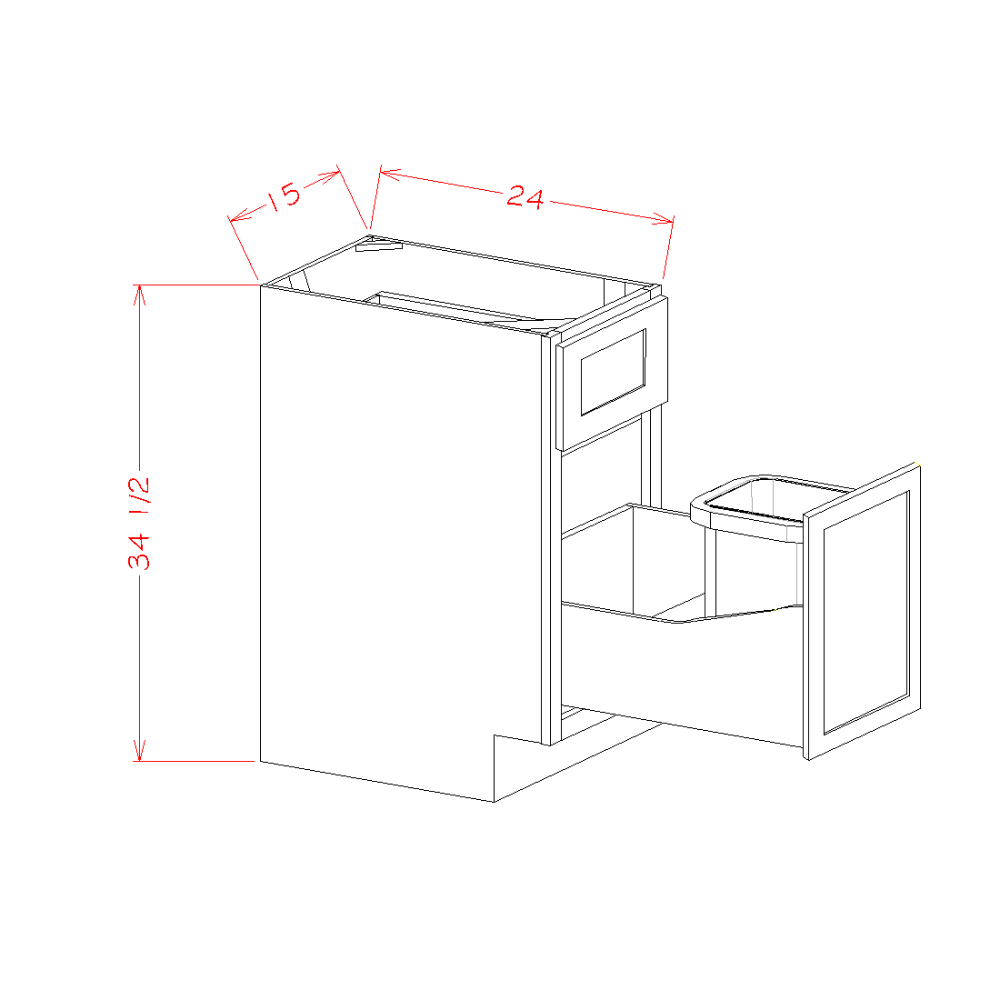 Shaker Navy Base with Single Trashcan Pullout - 15"W x 34-1/2"H x 24"D -1D-1DR-1TC cabinet diagram