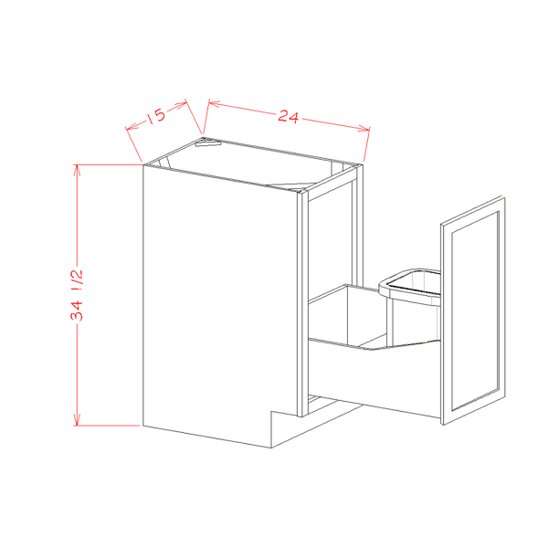Single Full Height Door Base Kit with Single Trash Can Pullout cabinet diagram, Shaker White SW-B15FHTCPO