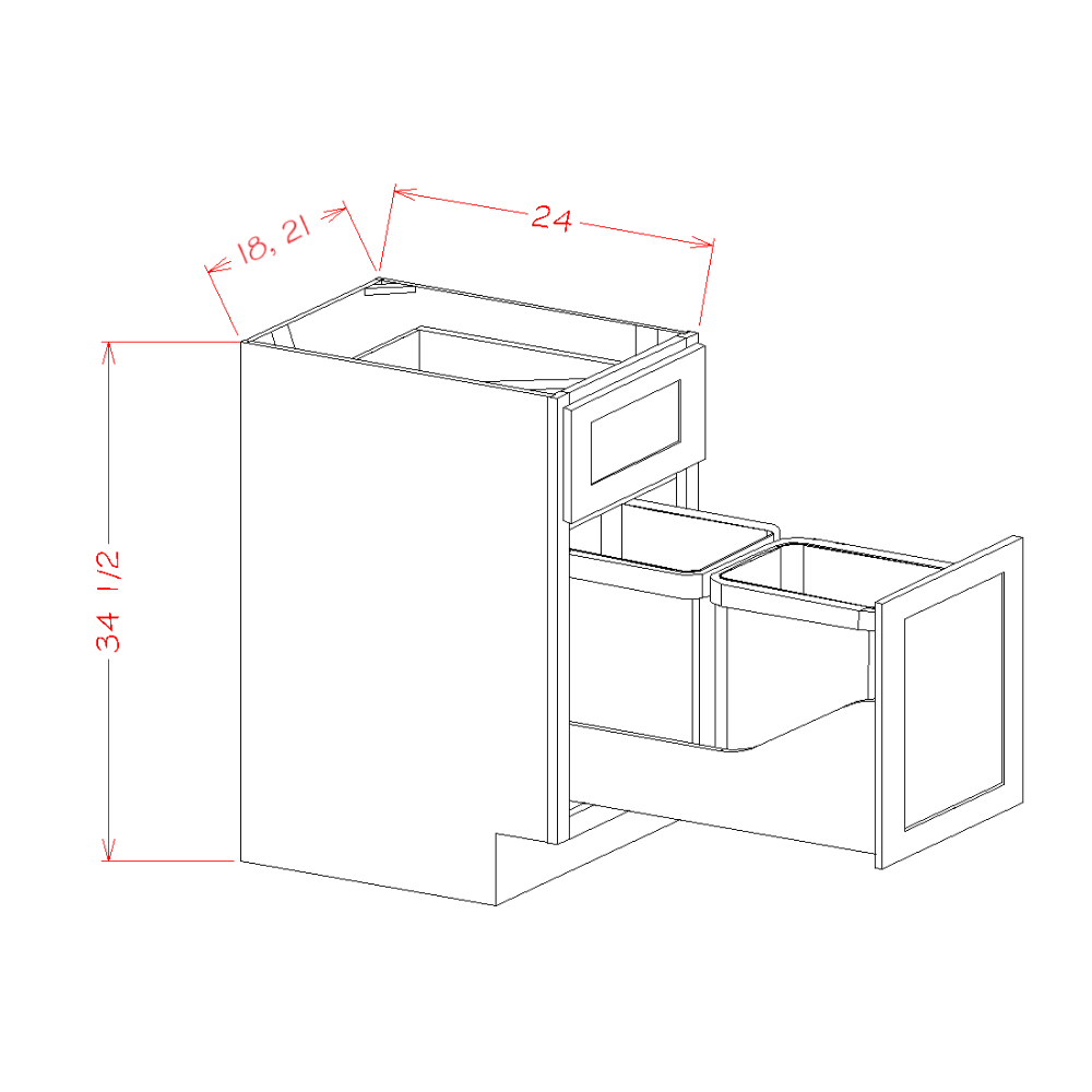 Shaker Grey Base with Double Trashcan Pullout - 21"W x 34-1/2"H x 24"D -1D-1DR-2TC diagram