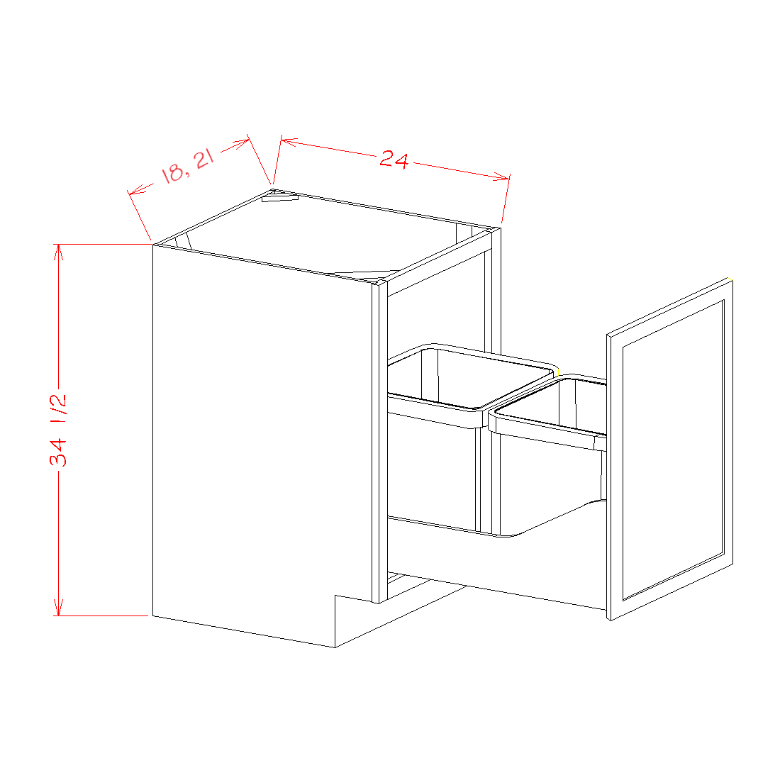 Single Full Height Door Base Kit with Double Trashcan Pullout cabinet diagram, Shaker Cinder SC-B18FHTCPO