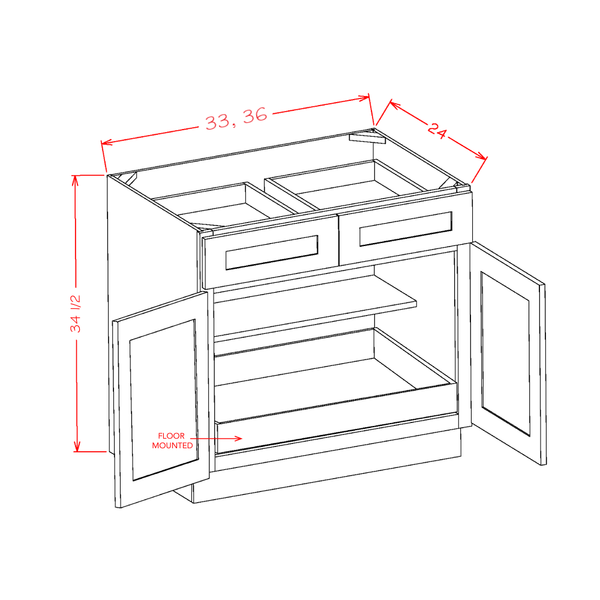 Double Door Double Drawer One Rollout Shelf Base Kits cabinet diagram, Shaker Black SB-B331RS