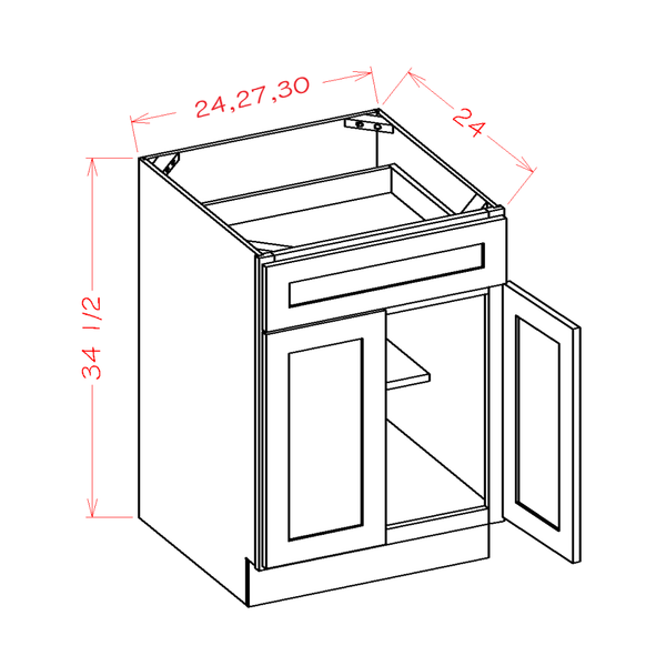 Representative 27 W × 34½ H × 24 D in base cabinet; two doors, one drawer, one adjustable shelf; verify finish