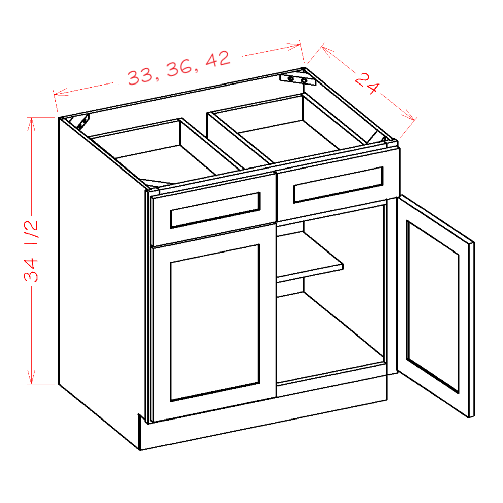 Double Door Double Drawer Bases cabinet diagram, Shaker Black SB-B33