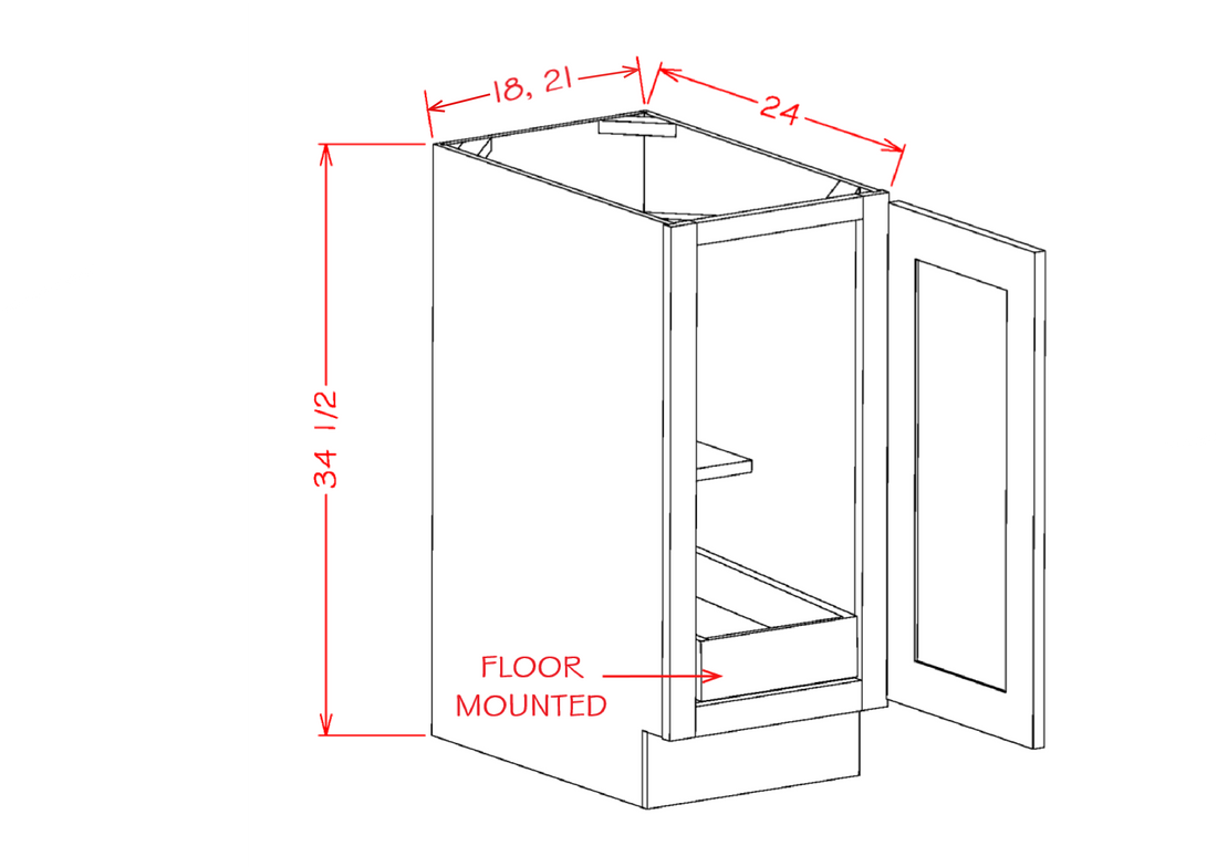 Single Full Height Door One Rollout Shelf Base Kits cabinet diagram, Shaker Black SB-B18FH1RS