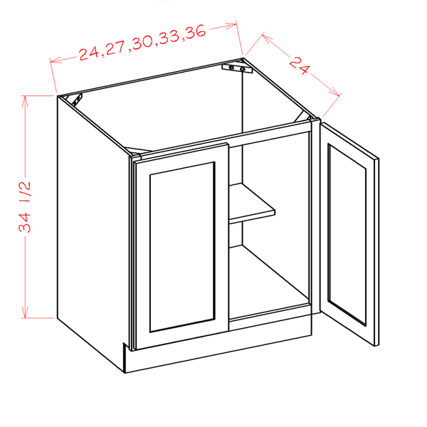 Double Full Height Door Bases cabinet diagram, Shaker White SW-B27FH