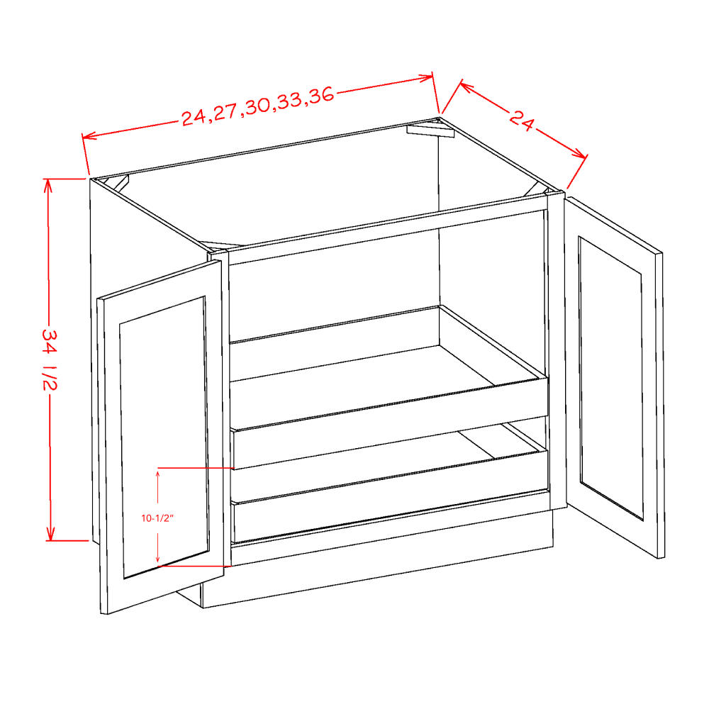 Haven Dune Full Height Door Two Rollout Shelf Base Cabinet Kit - 33"W x 34-1/2"H x 24"D -2D-2RSA — cabinet dimension diagram