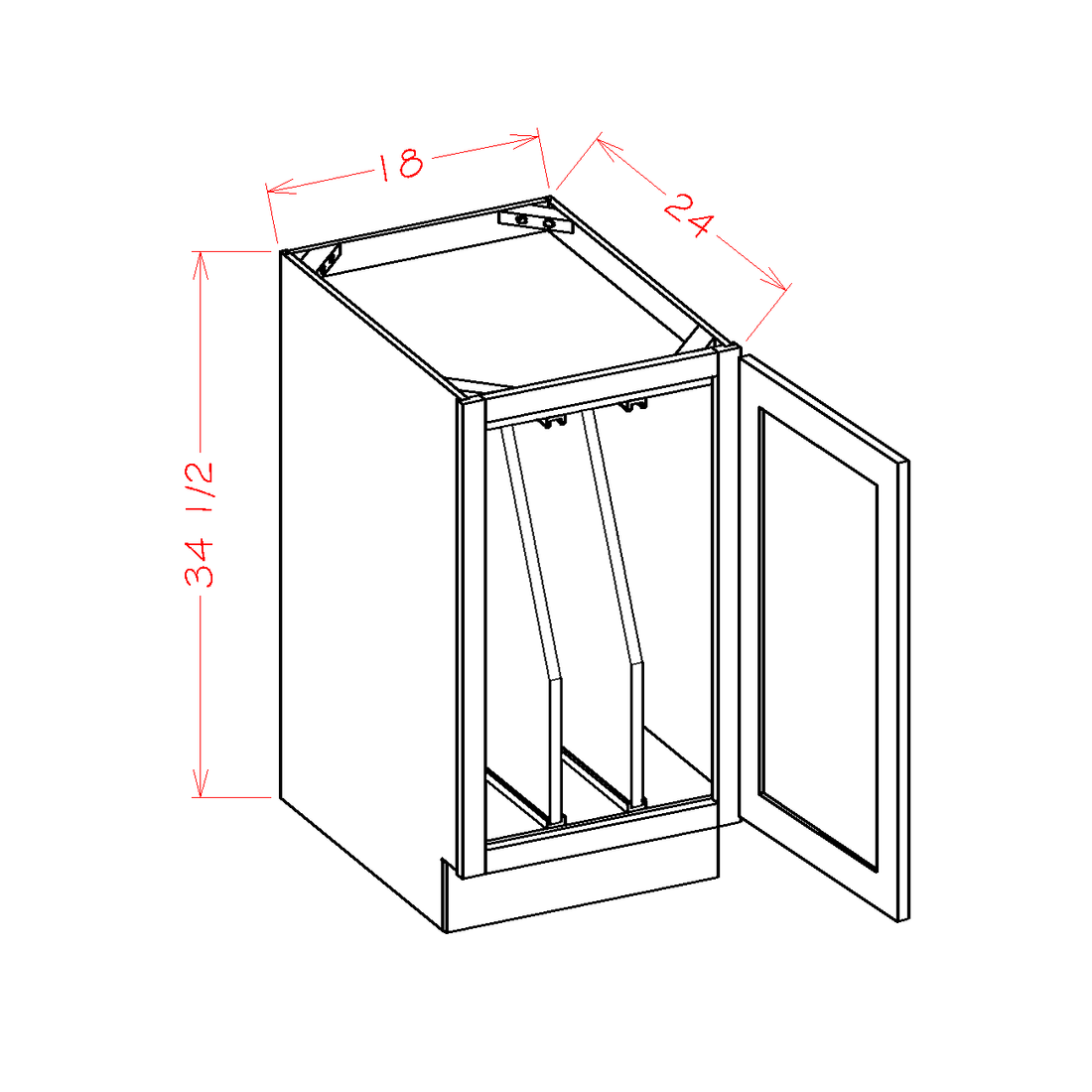 Full Height Door Tray Divider Base Kits cabinet diagram, Shaker White SW-B12FHTD