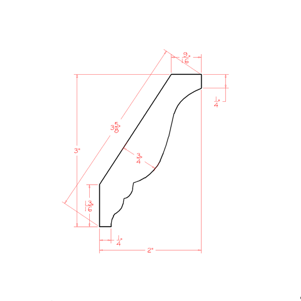Cut to 84 Shaker Essence Oak Decorative Crown Moulding - 84"W x 3"H x 2"D moulding diagram