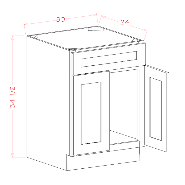 Sink Base with Single False Drawer Front cabinet diagram, Shaker White SW-SB30S