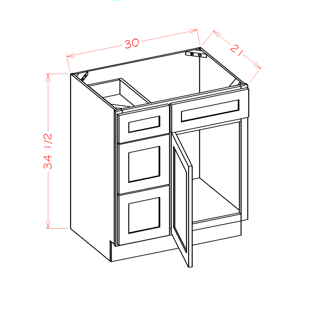 Shaker Unfinished Vanity Combo Base Cabinet with Drawers Left - 36"W x 34-1/2"H x 21"D-2D-3DR-1FDR
