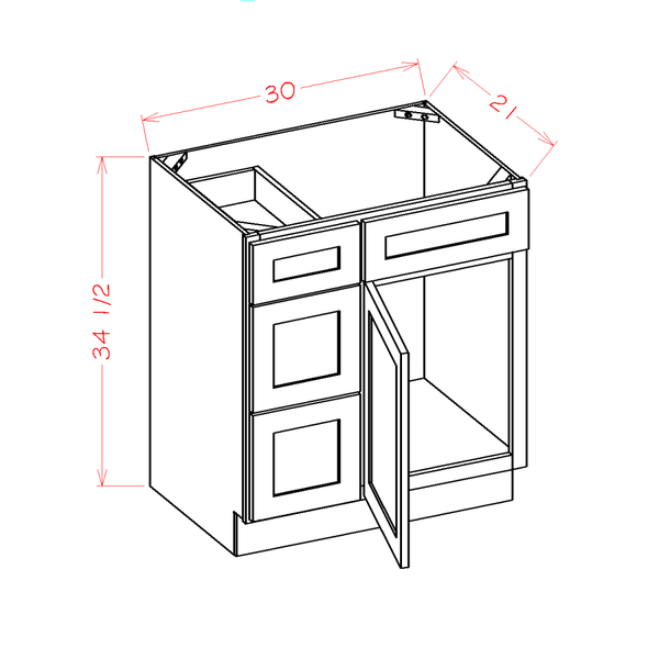 Haven Harbor Vanity Combo Base Cabinet with Drawers Left - 36"W x 34-1/2"H x 21"D-2D-3DR-1FDR — cabinet dimension diagram