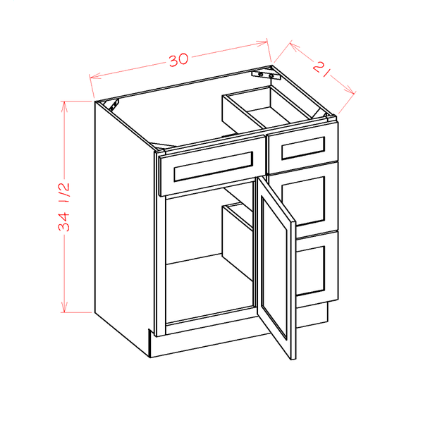 Haven Ember Vanity Combo Base Cabinet with Drawers Right - 30"W x 34-1/2"H x 21"D -1D-3DR-1FDR — cabinet dimension diagram