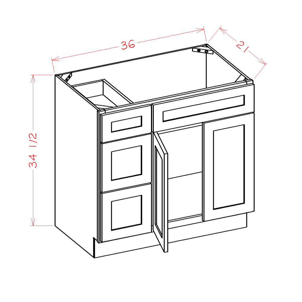 Vanity Combo Bases with Drawers Left cabinet diagram, Shaker Cinder SC-V3021DL