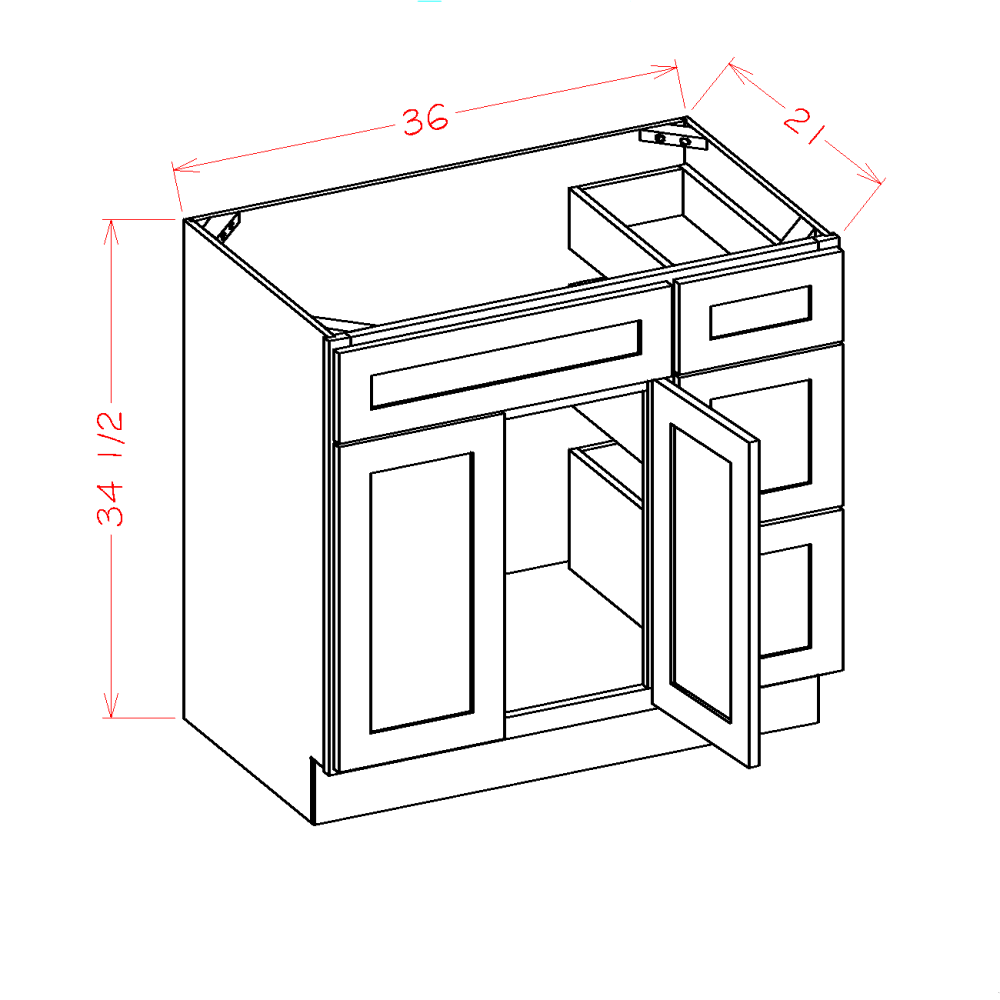 Vanity Combo Bases with Drawers Right cabinet diagram, Shaker Dove SD-V3621DR