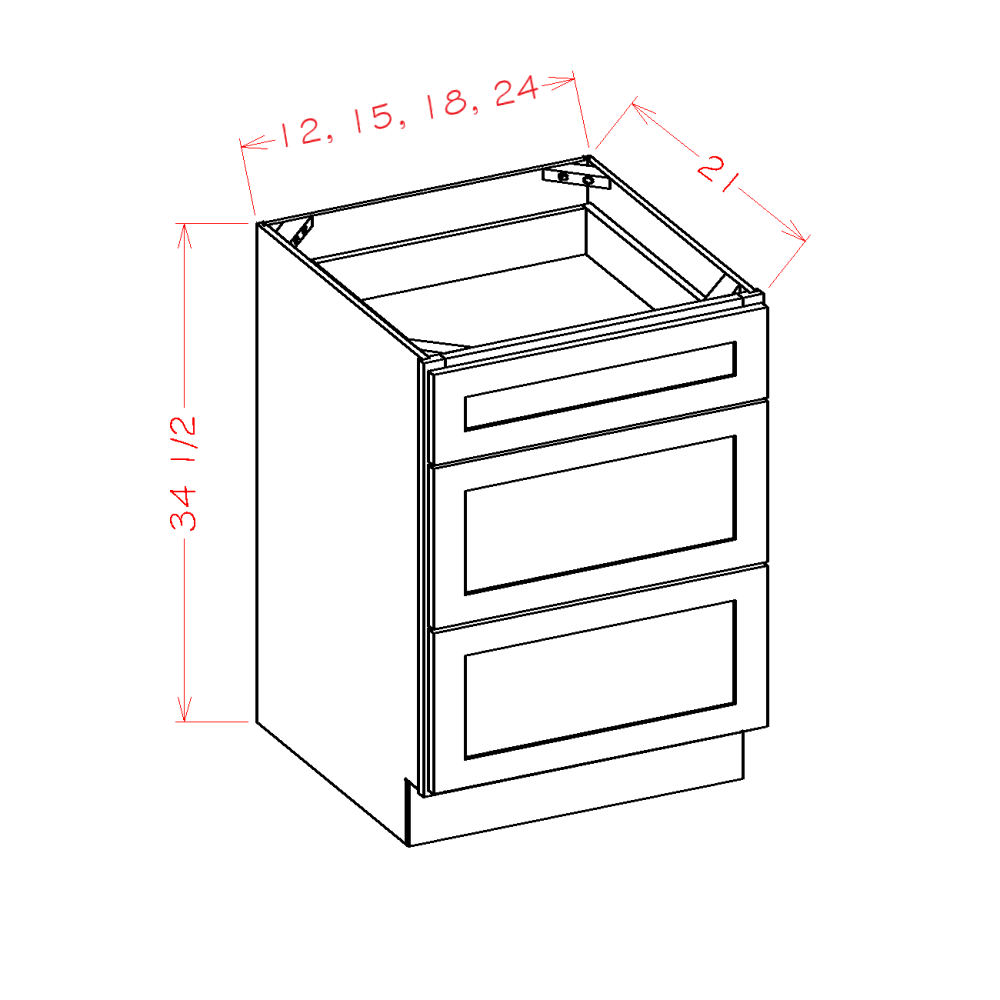 Vanity Drawer Bases cabinet diagram, Shaker Dove SD-3VDB24