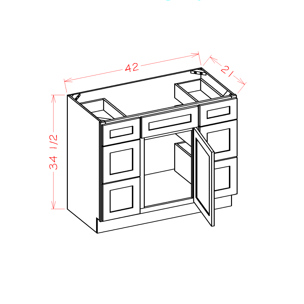 Double Drawer Stack Vanity Combo Bases cabinet diagram, Shaker Black SB-VDDB42