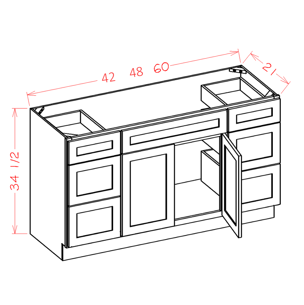 Shaker Essence Oak Vanity Double Drawer Combo Base Cabinet - 42"W x 34-1/2"H x 21"D -1D-6DR-1FDR diagram