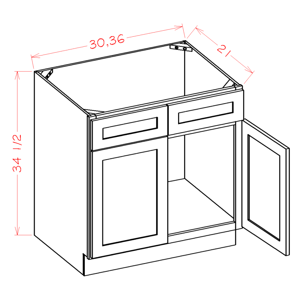 Haven Ember Vanity Sink Base Cabinet - 33"W x 34-1/2"H x 21"D -2D-2FDR — cabinet dimension diagram