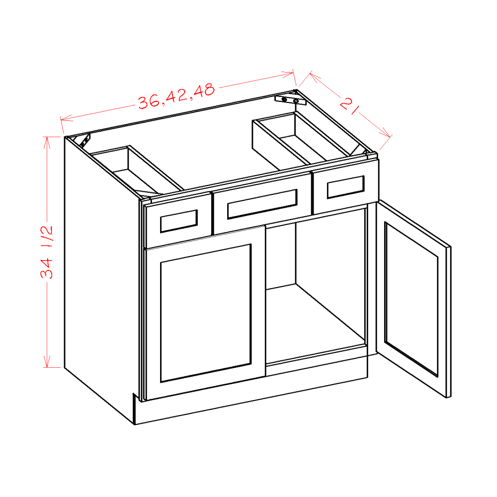 Vanity Combo Bases cabinet diagram, Shaker Cinder SC-VSD48