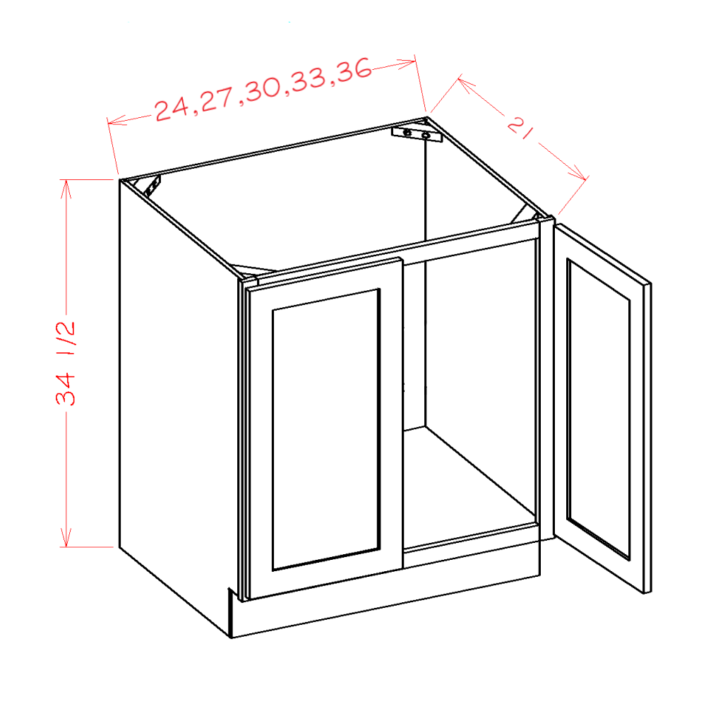 Double Full Height Door Vanity Sink Bases cabinet diagram, Shaker Black SB-VS24FH