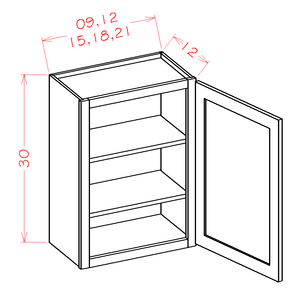 Shaker Unfinished Wall Cabinet - 12"W x 30"H x 12"D-1D-2S