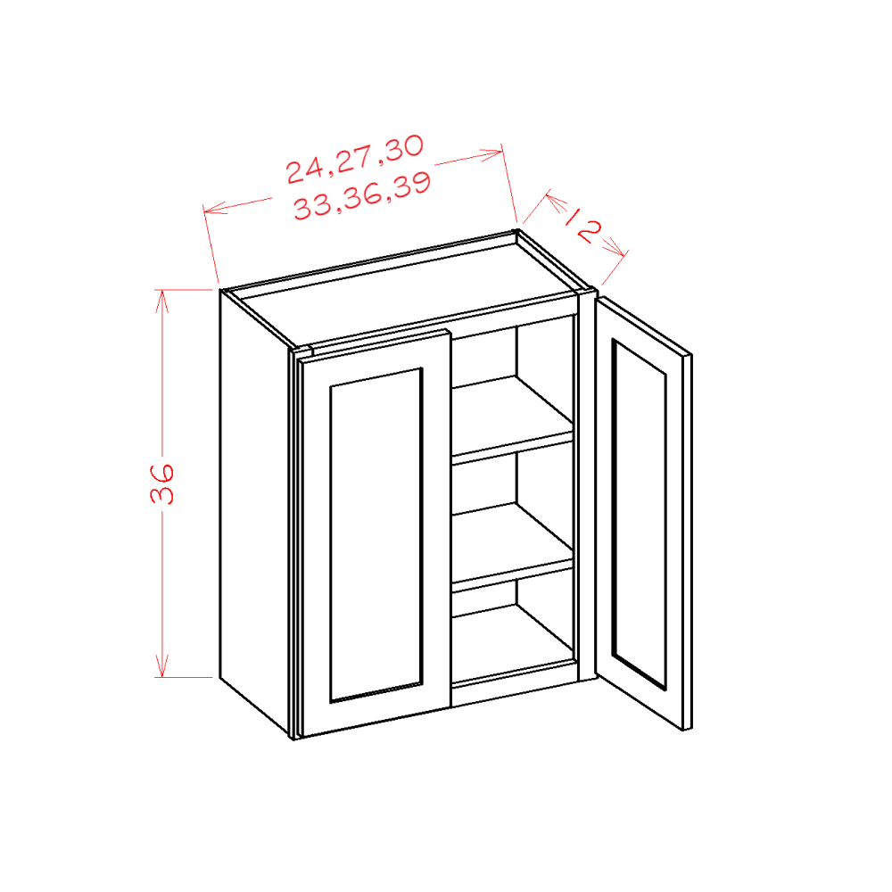 Shaker Sky SS-W2436 representative wall cabinet diagram, 24 W × 36 H × 12 D inches, two doors, 2 adjustable shelves