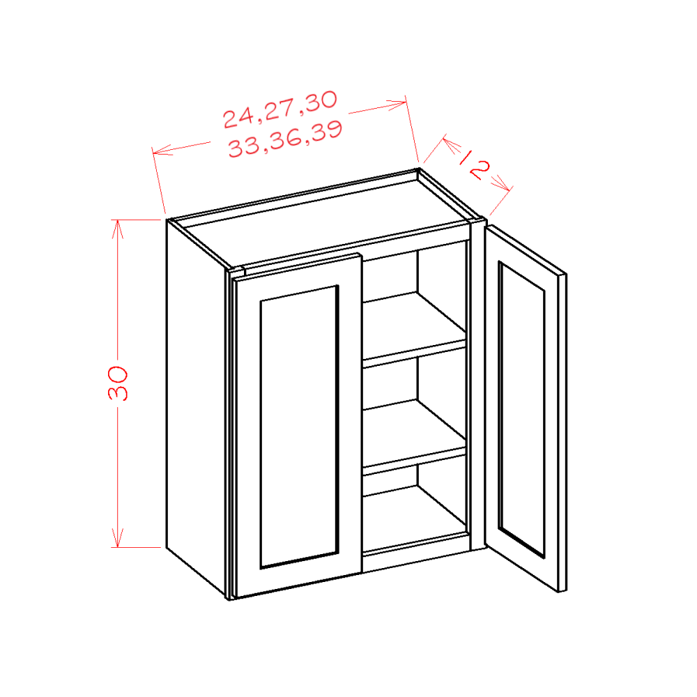 30" High Double Door Wall Cabinets cabinet diagram, Shaker White SW-W2430