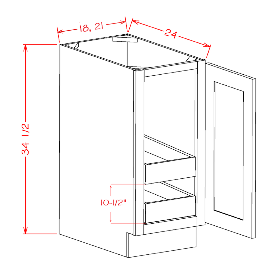 Oxford White Full Height Door Two Rollout Shelf Base Cabinet Kit - 18"W x 34-1/2"H x 24"D -1D-2RSA dimension diagram