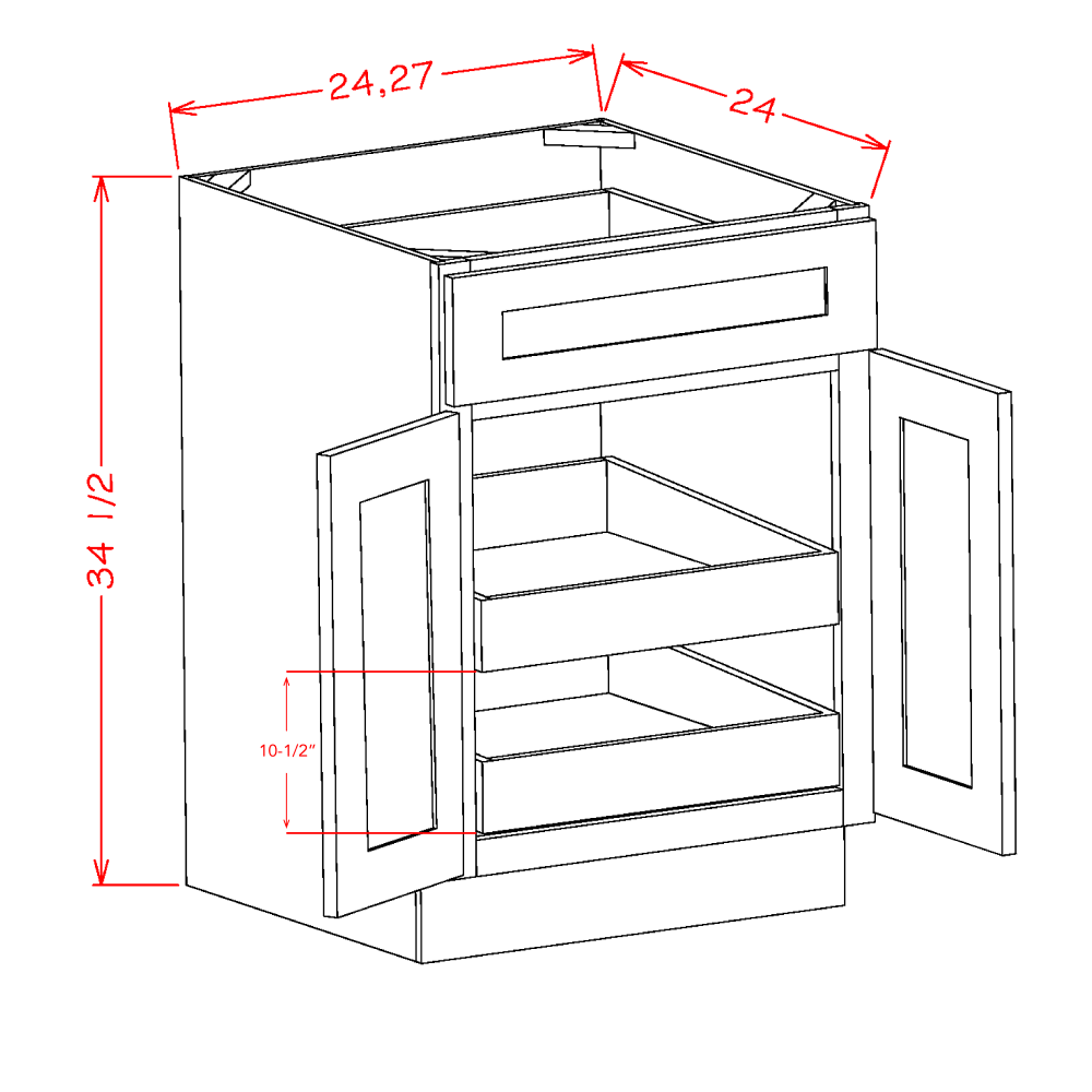 Oxford White Two Rollout Shelf Base Cabinet Kit - 24"W x 34-1/2"H x 24"D -2D-1DR-2RSA dimension diagram