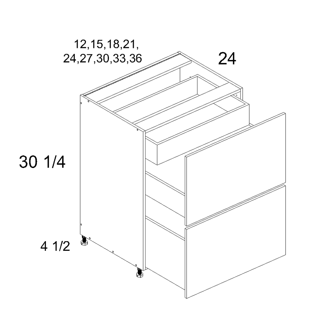 Cabinet diagram — Two Drawer Base with One Inner Drawer – 2DBID12
