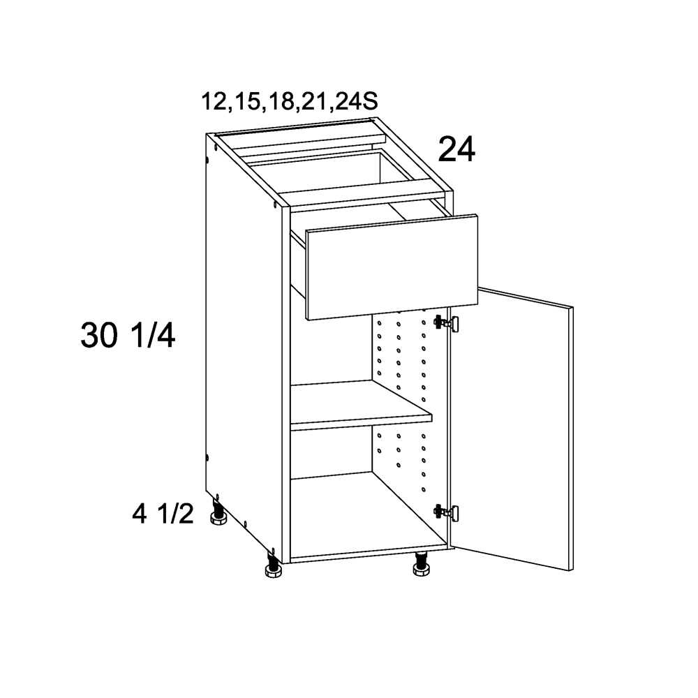Cabinet diagram — Single Door Single Drawer Base Cabinet – B18
