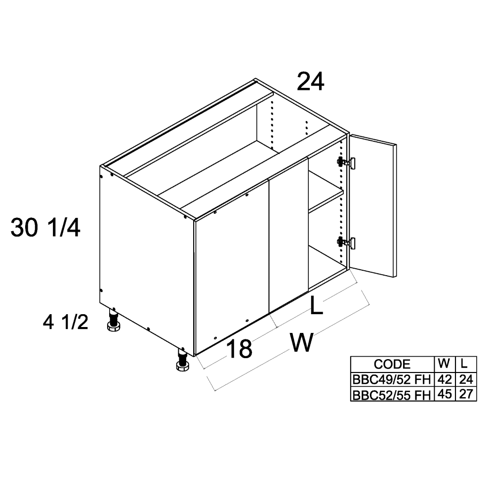 Cabinet diagram — Double Door Blind Base Cabinet – BBC52/55FH