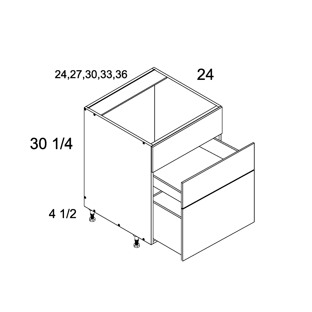 Cabinet diagram — Two Drawer Range Base with One False Front – RB3DB33