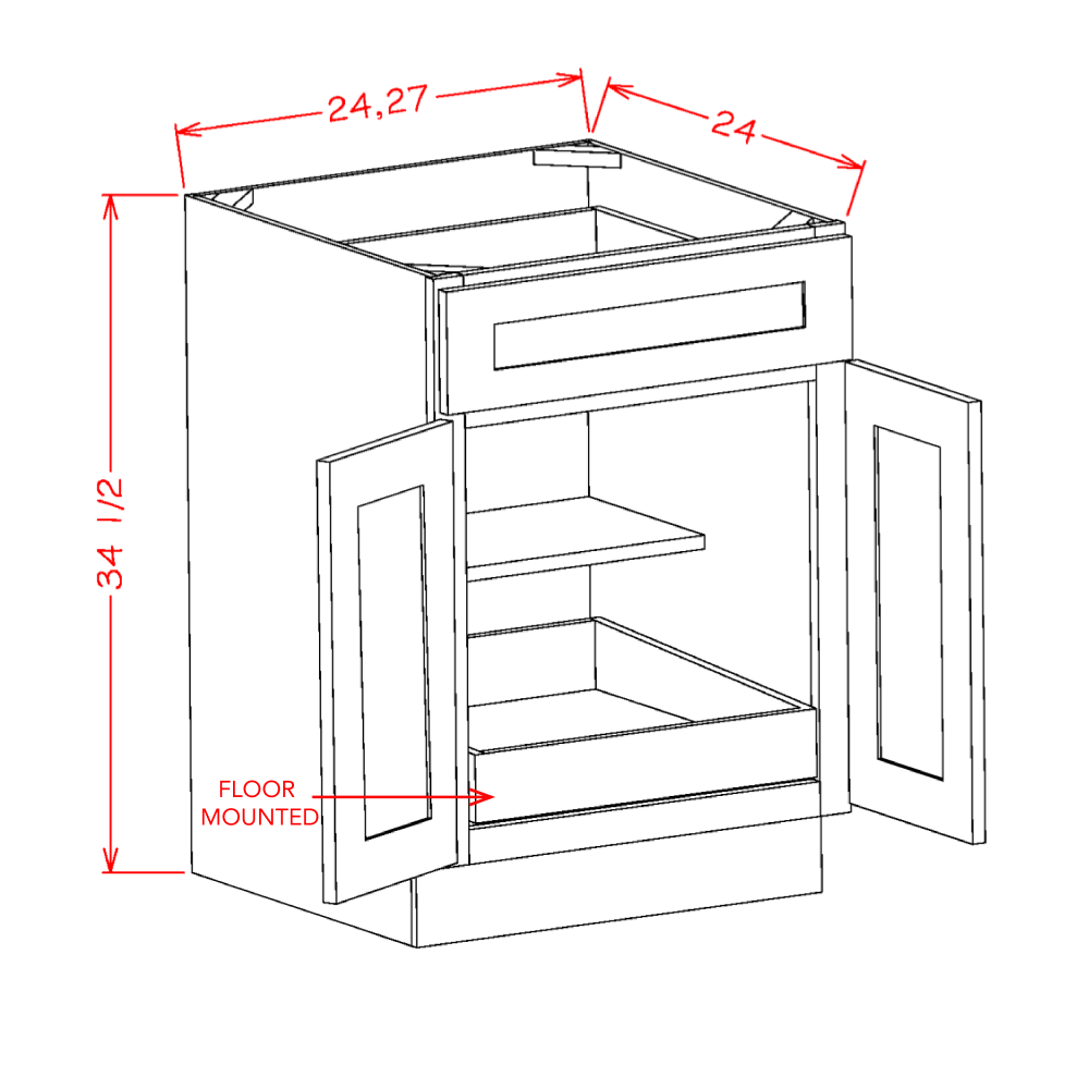 Double Door Single Drawer One Rollout Shelf Base Kits cabinet diagram, Shaker Cinder SC-B271RS
