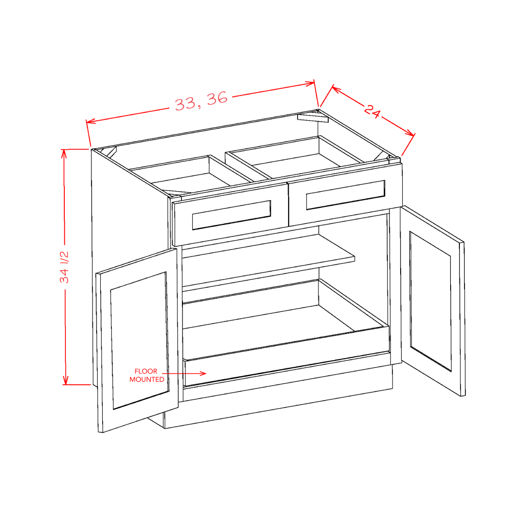 Double Door Double Drawer One Rollout Shelf Base Kits cabinet diagram, Shaker Cinder SC-B331RS