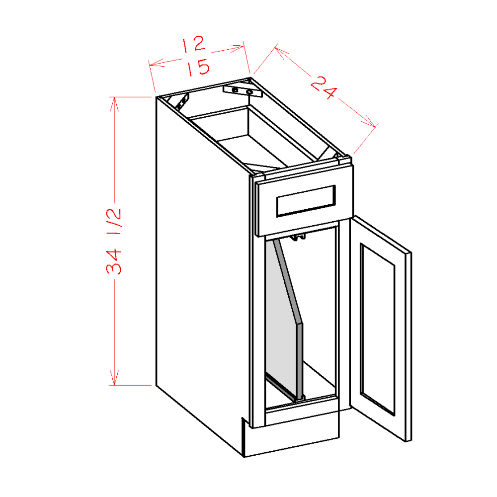 Haven Dune Tray Divider Base Cabinet Kit - 15"W x 34-1/2"H x 24"D -1D-1DR-1TD — cabinet dimension diagram