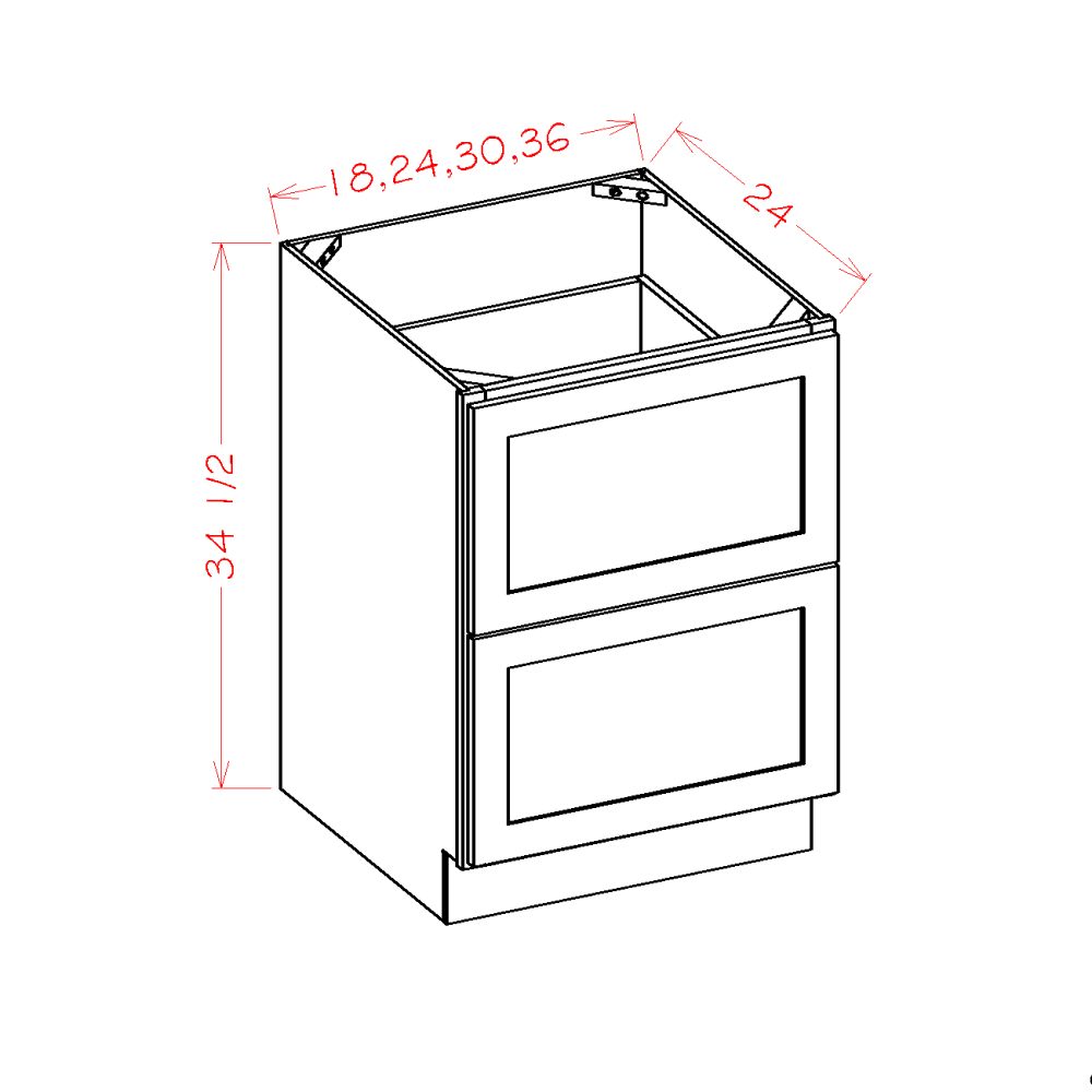 Shaker Navy Two Drawer Base Cabinet - 36"W x 34-1/2"H x 24"D -2DR cabinet diagram