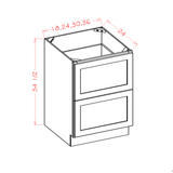 Shaker Sky SS-2DB36 representative base cabinet diagram, 2 W × 34½ H × 24 D inches, two deep drawers