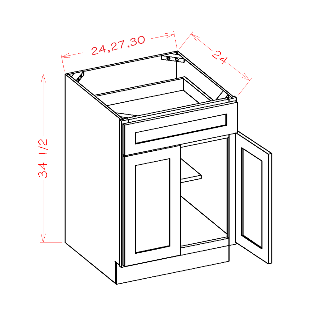 Shaker Navy Base Cabinet - 24"W x 34-1/2"H x 24"D -2D-1DR-1S cabinet diagram
