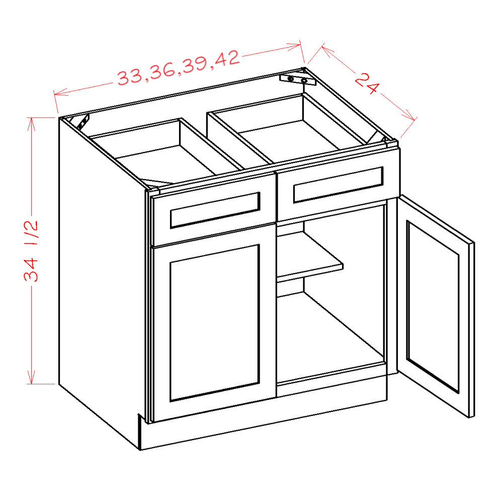 Representative 33 W × 34½ H × 24 D in base cabinet; two doors, two drawers, one adjustable shelf; verify finish