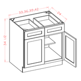 Representative 33 W × 34½ H × 24 D in base cabinet; two doors, two drawers, one adjustable shelf; verify finish