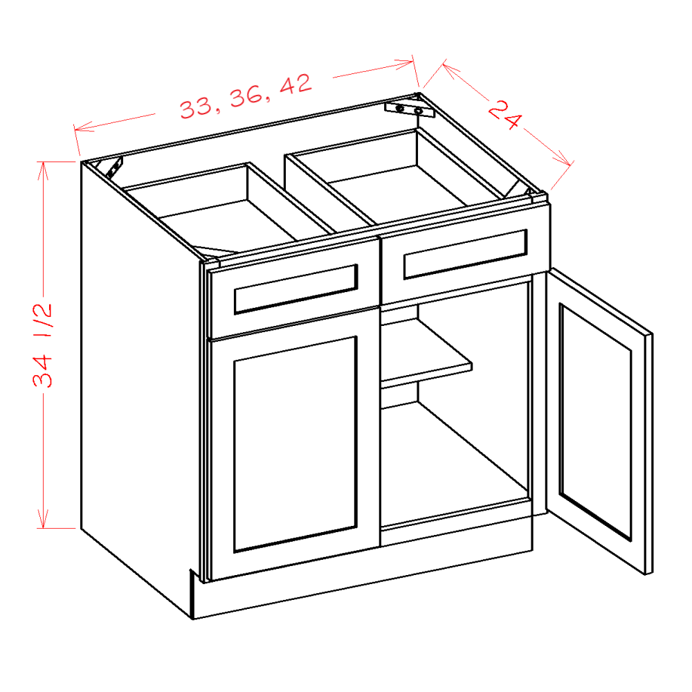 Shaker Navy Base Cabinet - 36"W x 34-1/2"H x 24"D -2D-2DR-1S cabinet diagram
