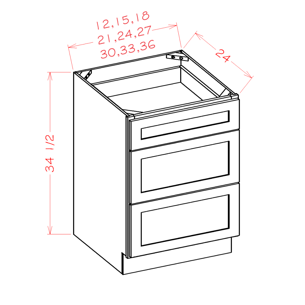 Three Drawer Bases cabinet diagram, Shaker Antique White SA-3DB21