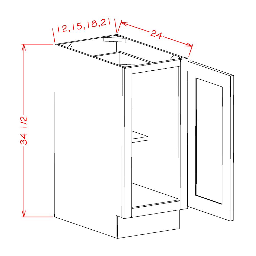 Shaker Navy Full Height Door Base Cabinet - 18"W x 34-1/2"H x 24"D -1D-1S cabinet diagram
